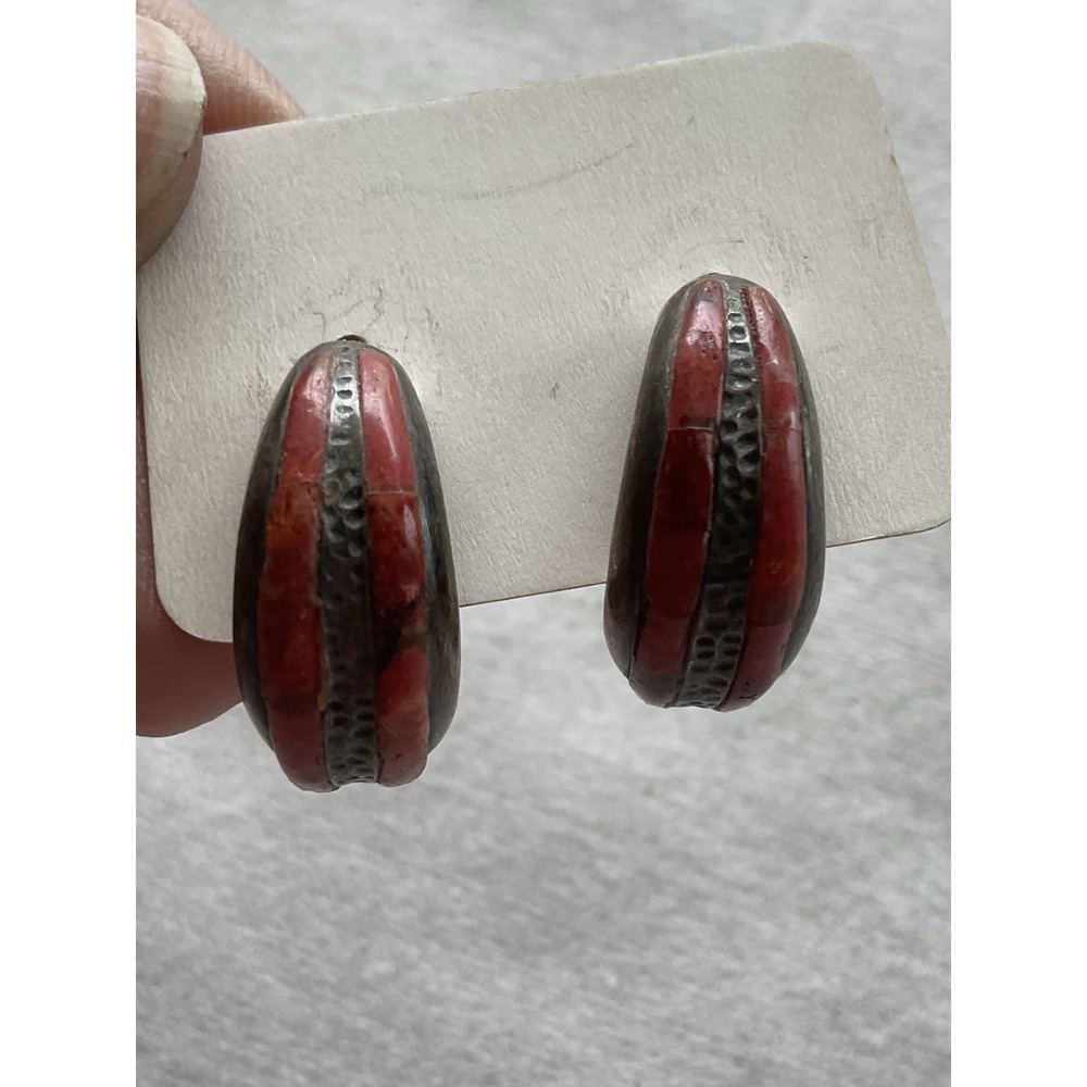 Signed PB Peyote Bird Coral Inlaid Half Hoop 92& Sterling Silver Earrings